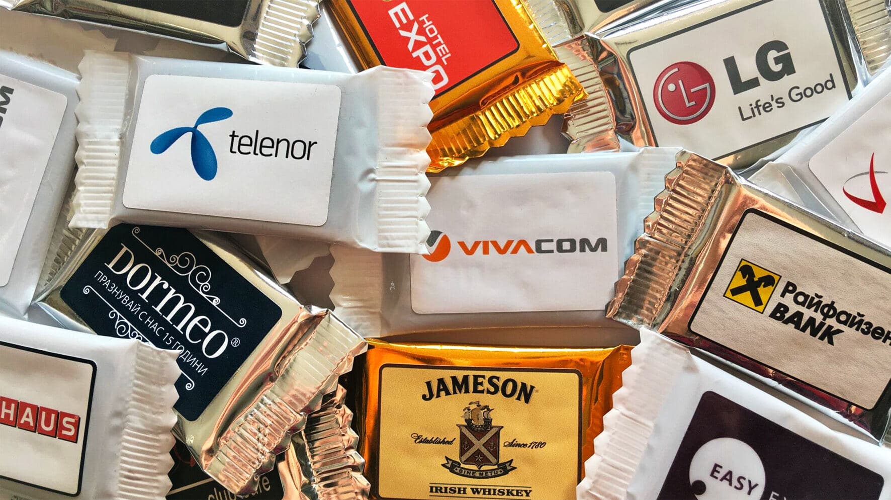 Брандирани шоколадчета с логата на Vivacom, Райфайзенбанк, LG и Jameson